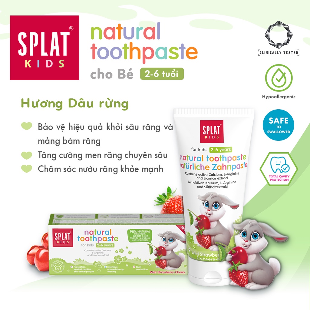 Kem Đánh Răng Cho Bé Từ 2 - 6 Tuổi Vị Dâu Rừng Và Cherry SPLAT Kids Bảo Vệ Khỏi Mảng Bám, Sâu Răng Tuýp 50ml