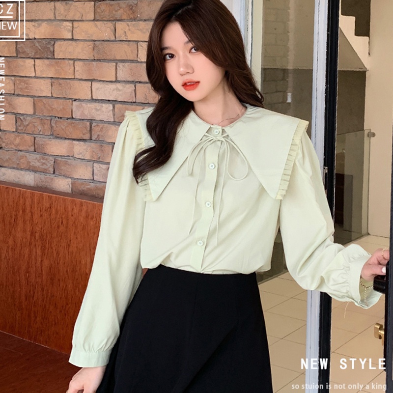 Áo Sơ Mi Cổ Búp Bê Phối Lưới Màu Sắc Ngọt Ngào Xinh Xắn Cho Nữ