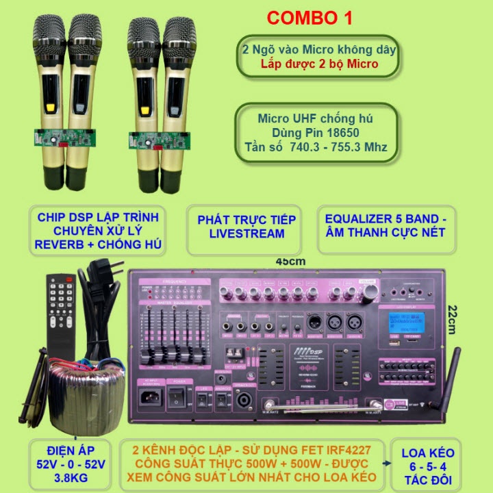 Mạch loa kéo Reverb 2 kênh DSP chống hú Livestream Equalizer 5 Band 500W + 500W kèm 4 tay micro