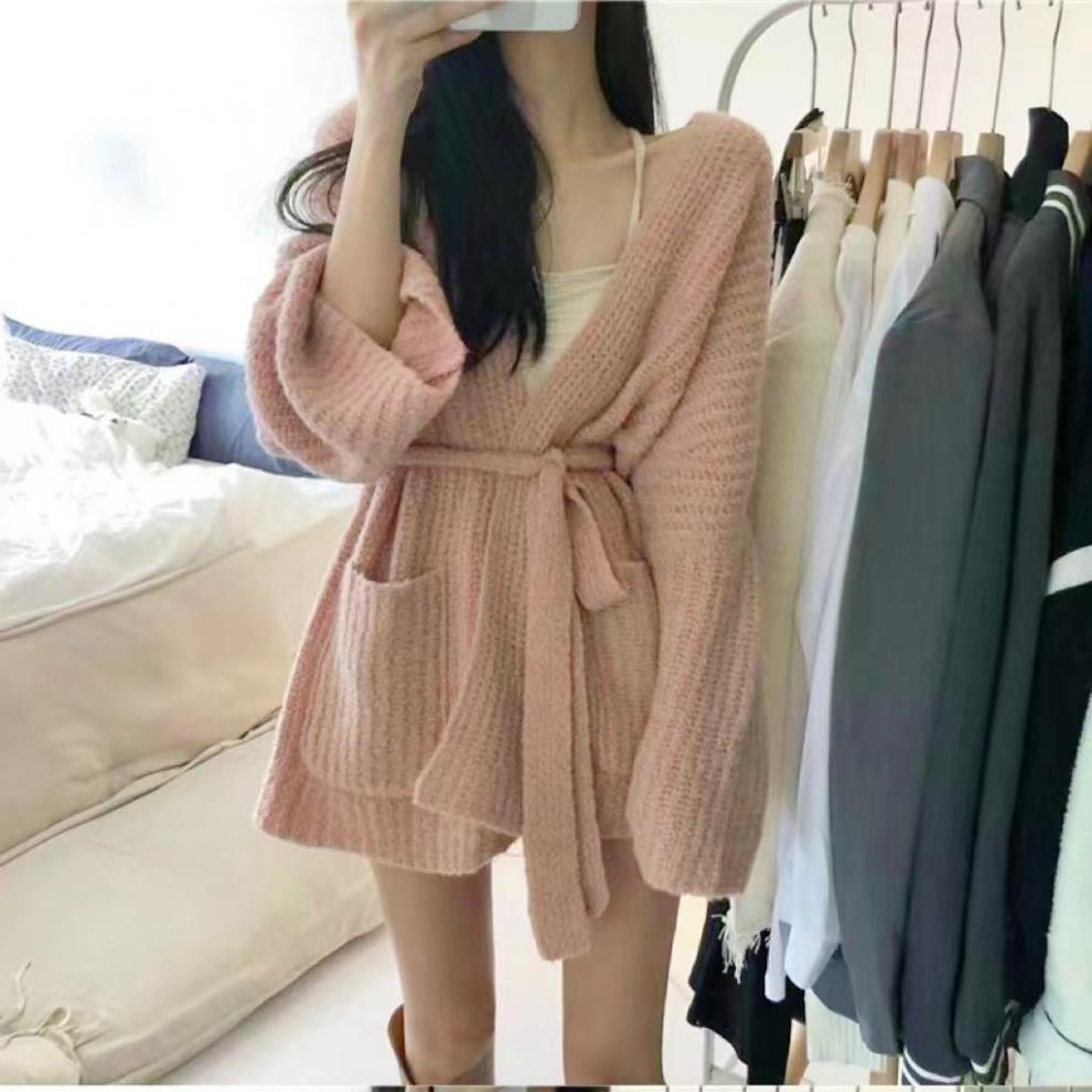Áo Khoác Cardigan Dệt Kim Dáng Rộng Cột Dây Thời Trang Xuân Thu Phong Cách Mới Cho Nữ