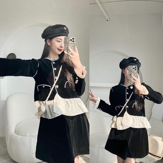 Set áo nhung bèo mix chân váy đen tiểu thư nhẹ nhàng