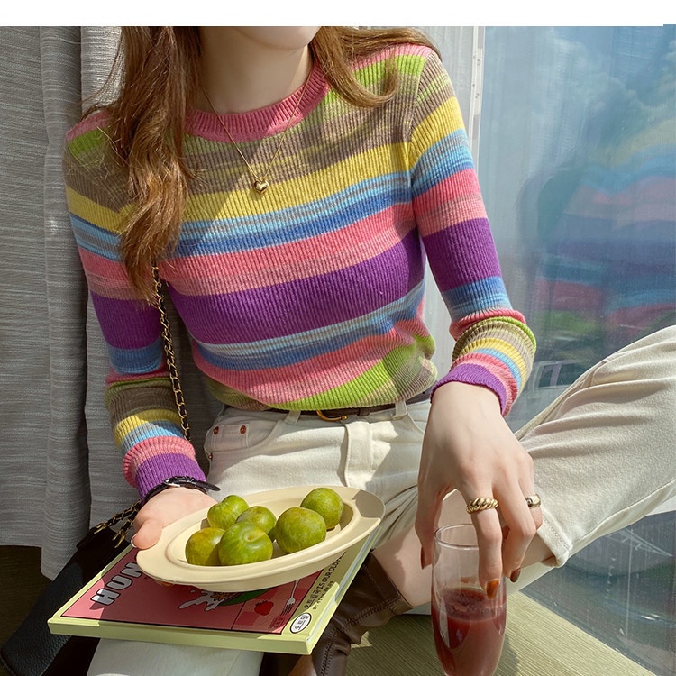 Áo Len Tay Dài Dáng Ôm Họa Tiết Kẻ Sọc Ngang Màu Cầu Vồng Phong Cách Mới Dành Cho Bạn Nữ