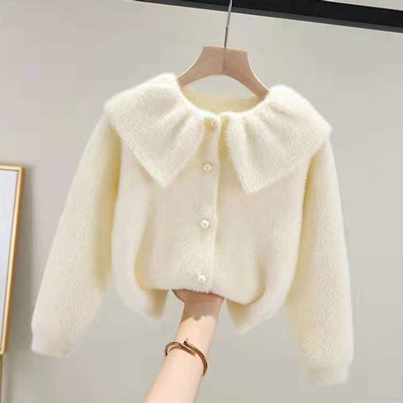 Áo Khoác Cardigan Len Giả Lông Chồn Cổ Lá Sen Phong Cách Thời Trang Xuân Thu Mới 2020 Dành Cho Bé Gái