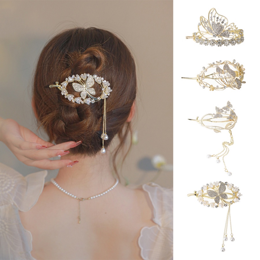 Kẹp Tóc Kim Loại Hình Hoa Bướm Đính Ngọc Trai Phong Cách Hàn Quốc Mới