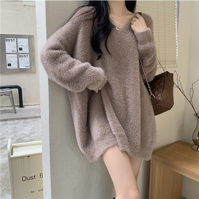 Đầm Len Lười Dáng Rộng Tay Dài Phối Lông Mềm Mại Nhẹ Nhàng Phong Cách Hàn Quốc Ngọt Ngào Dành Cho Bạn Nữ [JINYU