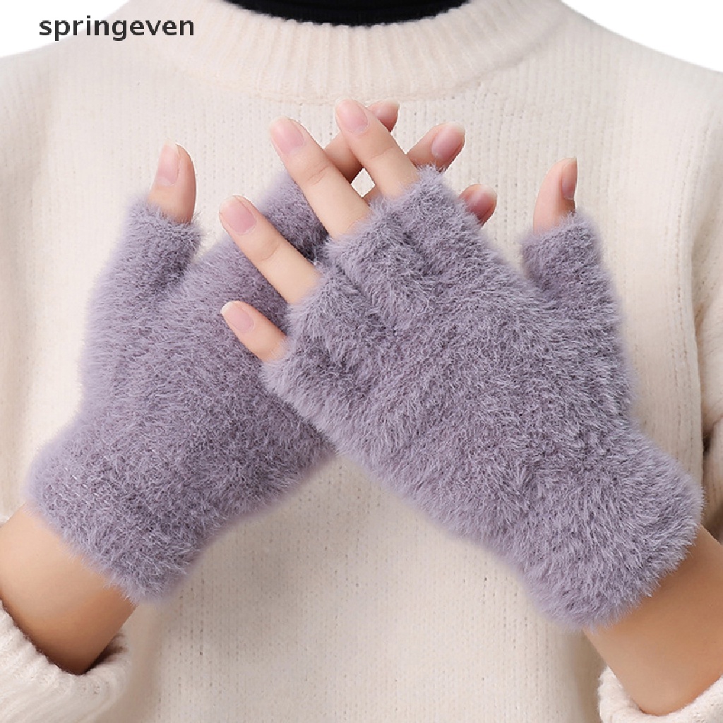Găng Tay Hở Ngón Vải Lông Chồn Giả Màu Trơn Giữ Ấm Mùa Đông