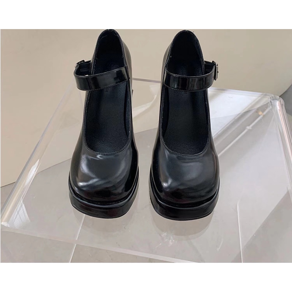 Giày Mary Jane Da Bóng Gót Dày Mũi Vuông Kiểu Vintage Thời Trang Mùa Hè 2023