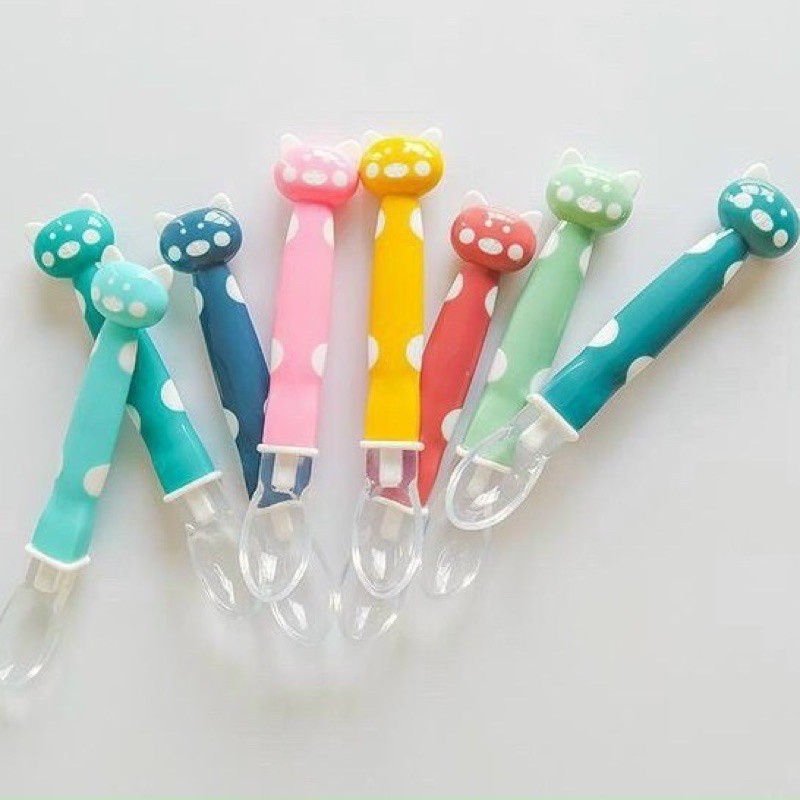 Thìa ăn dặm đầu silion mềm cán dài hình mặt mèo đáng yêu cho bé