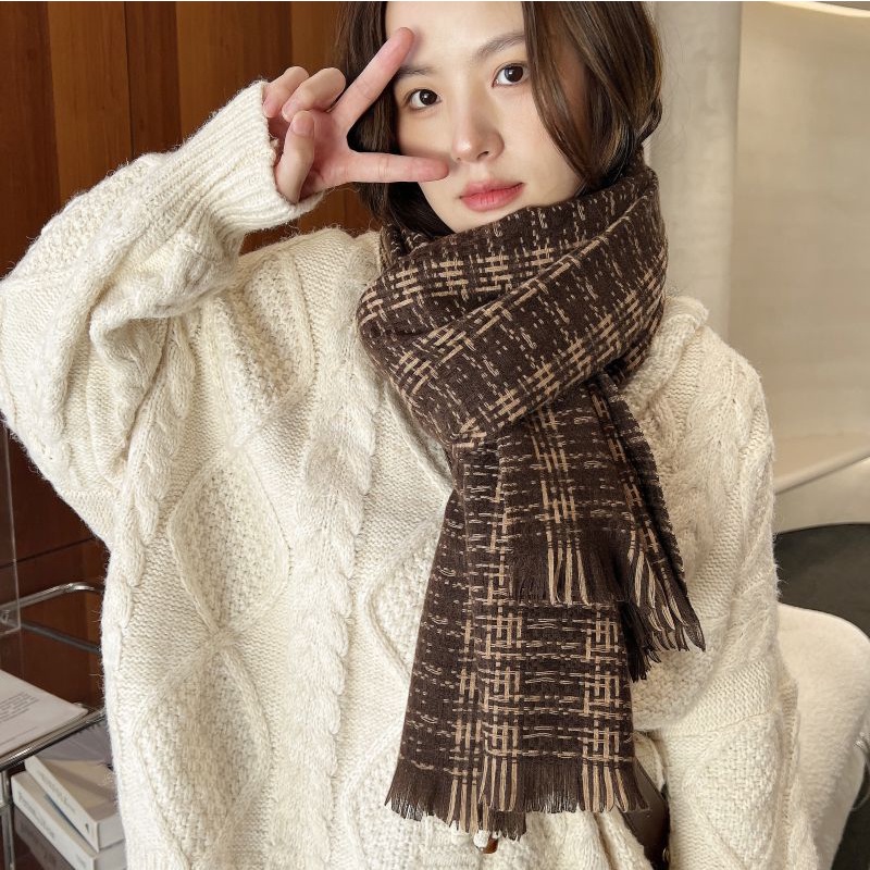Khăn Choàng Cổ Vải Cashmere Phối Nhung Ấm Áp Thời Trang Thu Đông Cho Nữ 26 * 74 &quot;