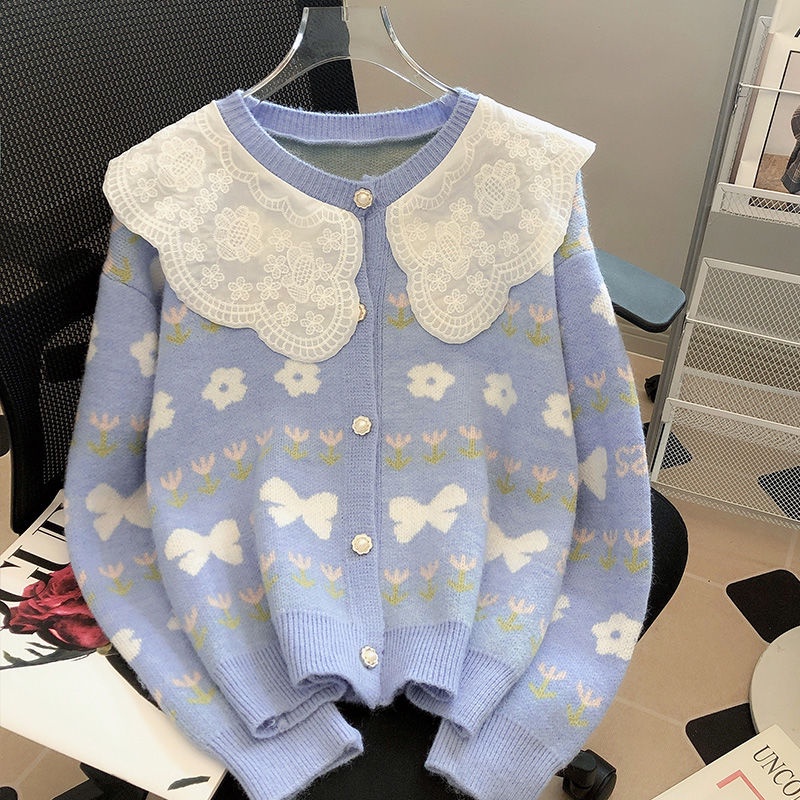 Áo Khoác Cardigan Dệt Kim Cổ Búp Bê Phối Ren Thời Trang Mùa Thu 2022 Mới Cho Nữ