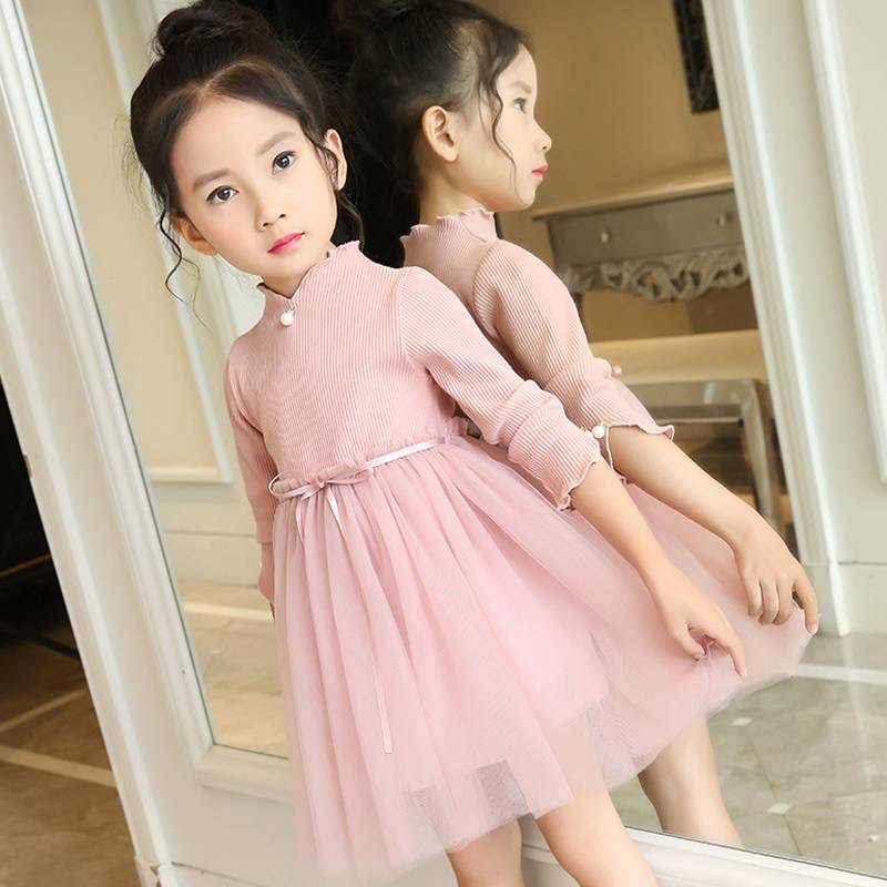 Váy đầm len thun xòe ren lưới nhiều màu cho bé gái N01280