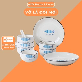 Bộ bát đĩa đẹp cao cấp họa tiết cá xanh kèm hộp quà tặng Alifis