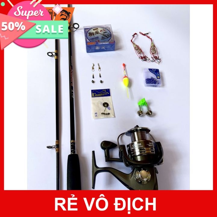 Bộ cần câu 2 khúc 2m7, máy yumoshi lc 7000 kèm trọn bộ phụ kiện (rẻ vô địch)