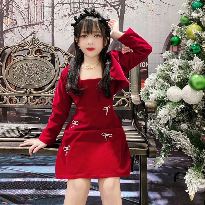 Set Váy 2 Dây kèm áo Khoác croptop Nhung đính Nơ đá cho bé gái size đại 16-41kg siêu sang chảnh