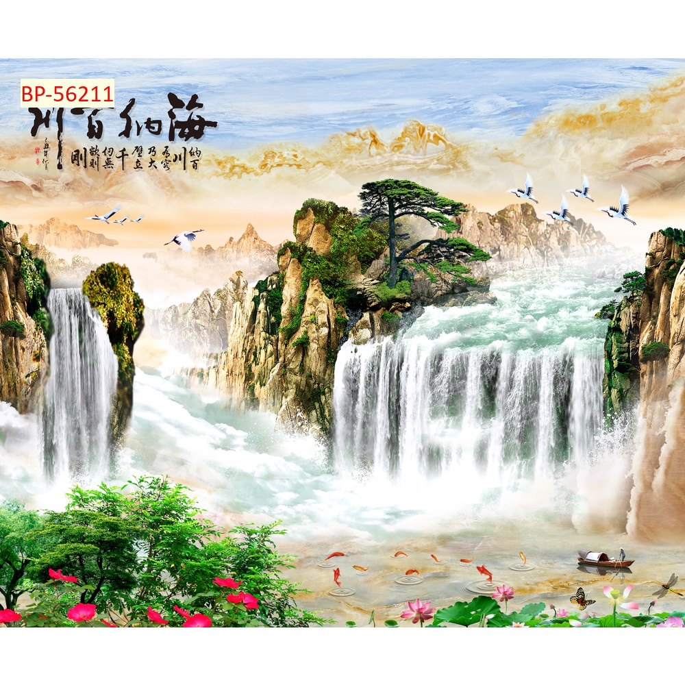 Tranh 3D Dán Tường Sơn Thủy Núi Non Thác Nước