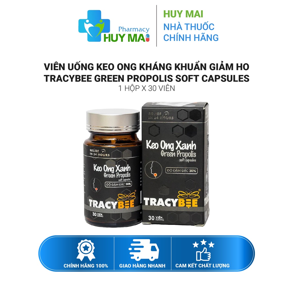 Viên uống keo ong kháng khuẩn giảm ho Tracybee Green Propolis Soft Capsules Hộp 30 viên