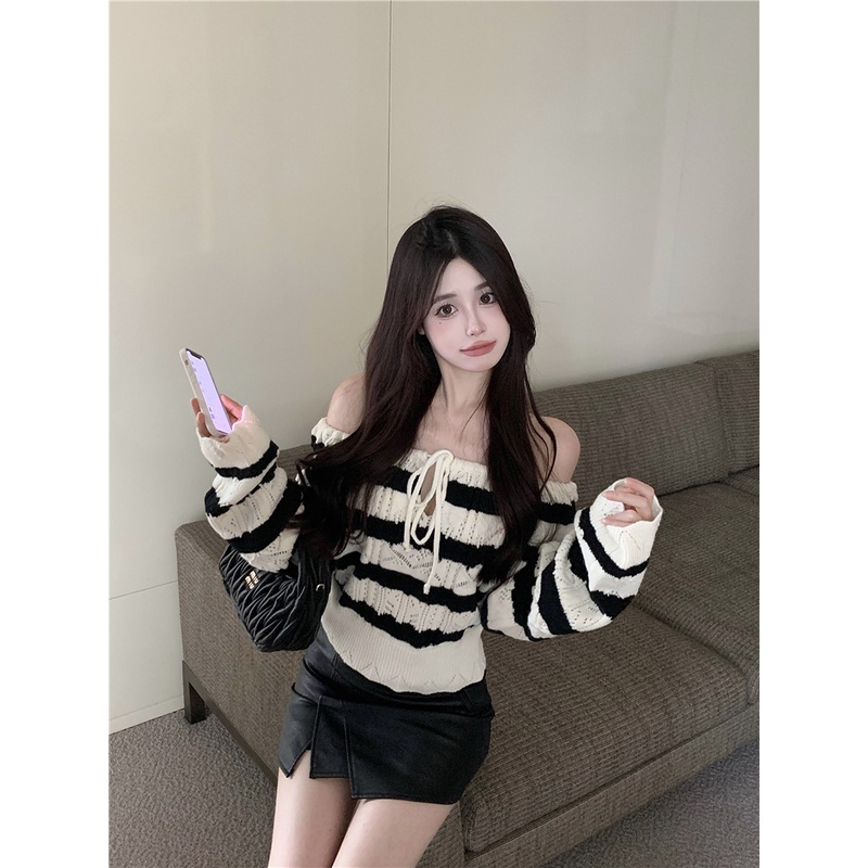 ZHELIHANGFEI Áo Len Tay Dài Trễ Vai Họa Tiết Kẻ Sọc Kiểu Dáng Quyến Rũ