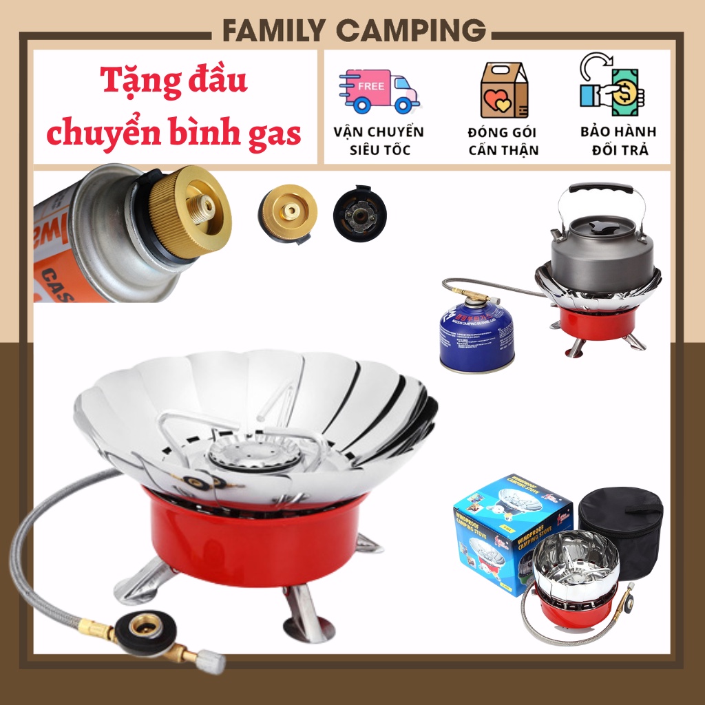 Bếp gas mini chống gió gấp gọn kiểu dáng hoa sen, bếp gas cắm trại dã ngoại tặng kèm adapter cho bình gas dài