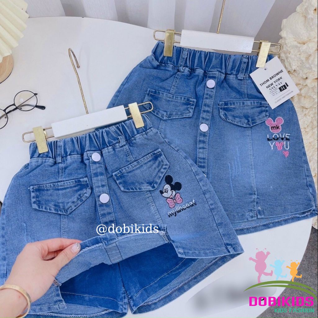 Chân váy jean bé gái Quần váy jean co giãn kèm phụ kiện 20-30kg