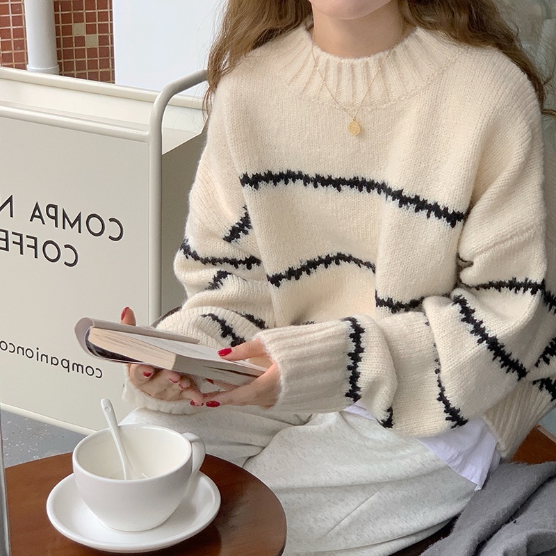 ZHELIHANGFEI Áo Sweater Tay Dài Cổ Tròn Dáng Rộng Kẻ Sọc Kiểu Retro Hàn Quốc
