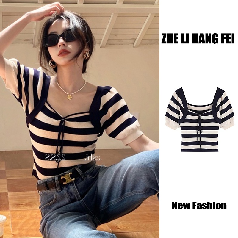 Áo dệt kim ZHELIHANGFEI ngắn tay cổ vuông kẻ sọc phối dây buộc thời trang trẻ trung