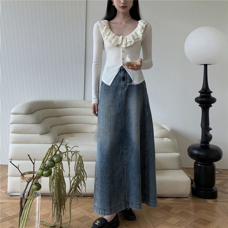 Áo cardigan Dệt Kim Cổ Thấp Lưng Cao Phối Ren Kiểu Pháp Xinh Xắn Cho Nữ