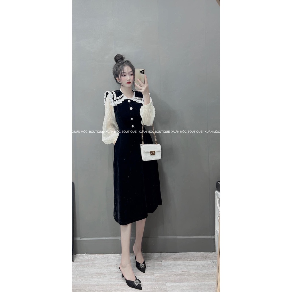 [Ảnh Thật/ Video]: Váy Nhung Thiết Kế Phối Cổ Viền Cực Xinh