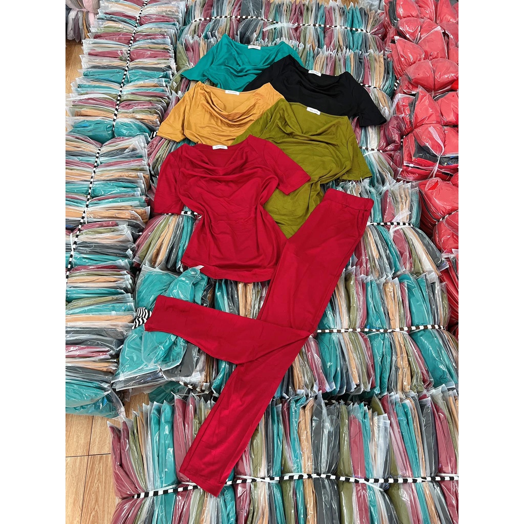 Đồ bộ nữ, set đồ bộ quần legging đai cao có túi và áo ngắn tay lai bầu cổ đổ vải thun cotton lụa dẻo mát lạnh co giản