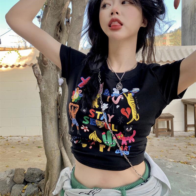 IELGYÁo Thun Tay Ngắn In Họa Tiết Hoạt Hình Phong Cách Đường Phố Cho Nữ
