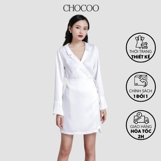 Đầm thiết kế CHOCOO Bengali Dress dài tay cổ vest màu trắng lụa băng công sở thắt eo tôn dáng