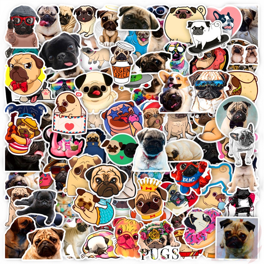 Bộ 100 Cái ☆ Hình Dán Chó Pug ☆ Sticker Dán Tường Chống Thấm Nước Họa Tiết Doodle Hợp Thời Trang