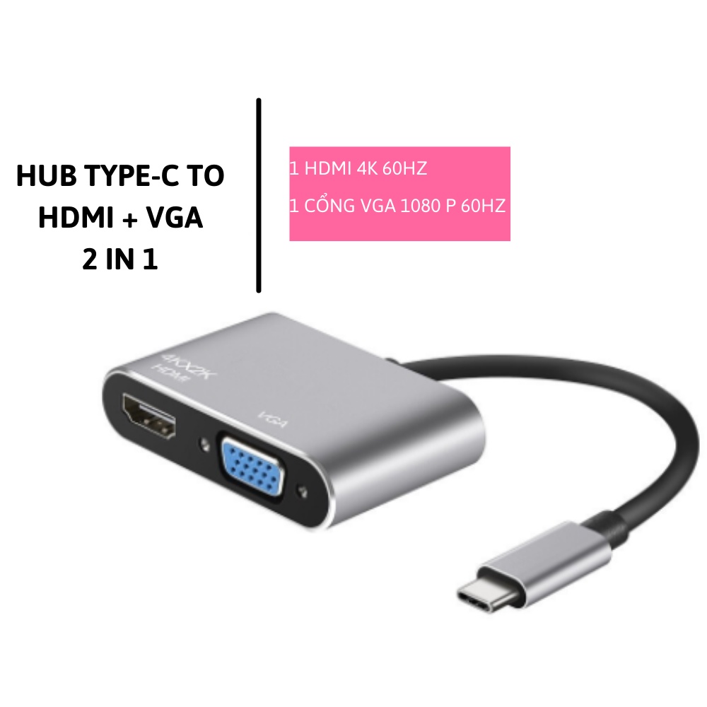 [Mã SKAMSALE0123 giảm 10% đơn 200k] Cáp chuyển hub type c 2 in 1 USB Type-c ra 2 cổng HDMI/vga