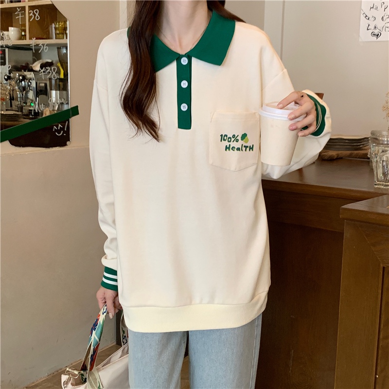Áo sweater SUXI thể thao polo dáng rộng phối túi đơn giản thời trang xuân thu cho nữ