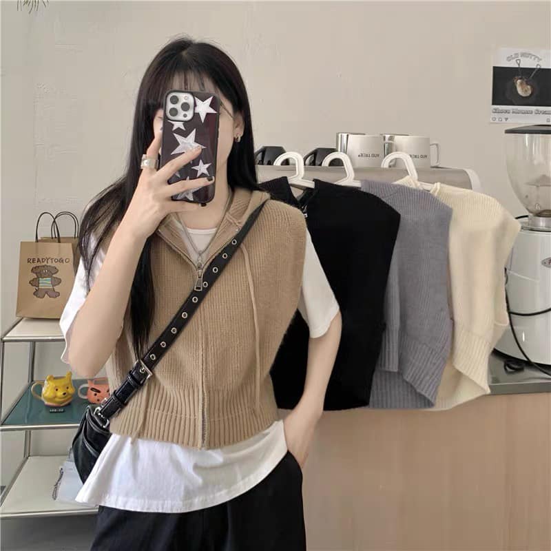 Áo Gile Len Thu Đông Nữ MYAN Kéo Khóa Không Tay Mũ Trùm Dáng Crop Nâu, Kem, Đen, Xanh A112210	(1526) | BigBuy360 - bigbuy360.vn