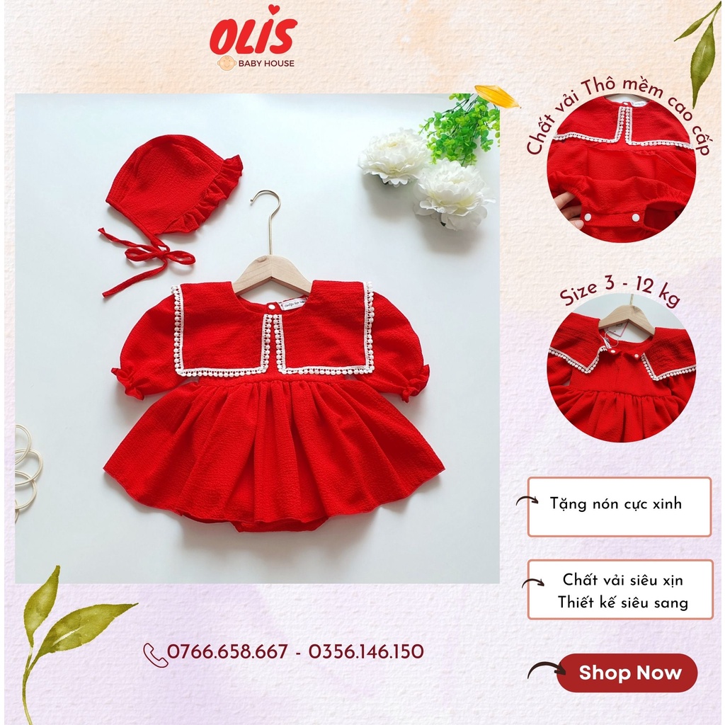 Bodysuit cho bé gái , body chip màu đỏ phối ren trắng cho OLIS Baby House, chất vải Thô mềm cao cấp, size 3 - 12kg