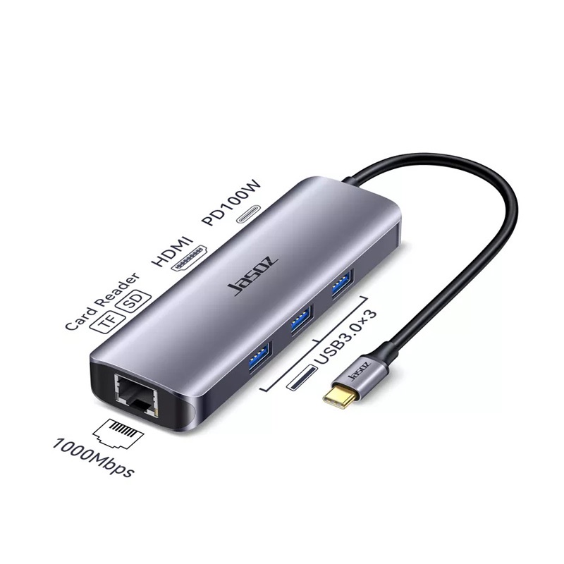 HUB đa năng 8 in 1 USB Type C sang HDMI+RJ45 gigabit+3x USB 3.0+PD+SD/TF JASOZ T-H112