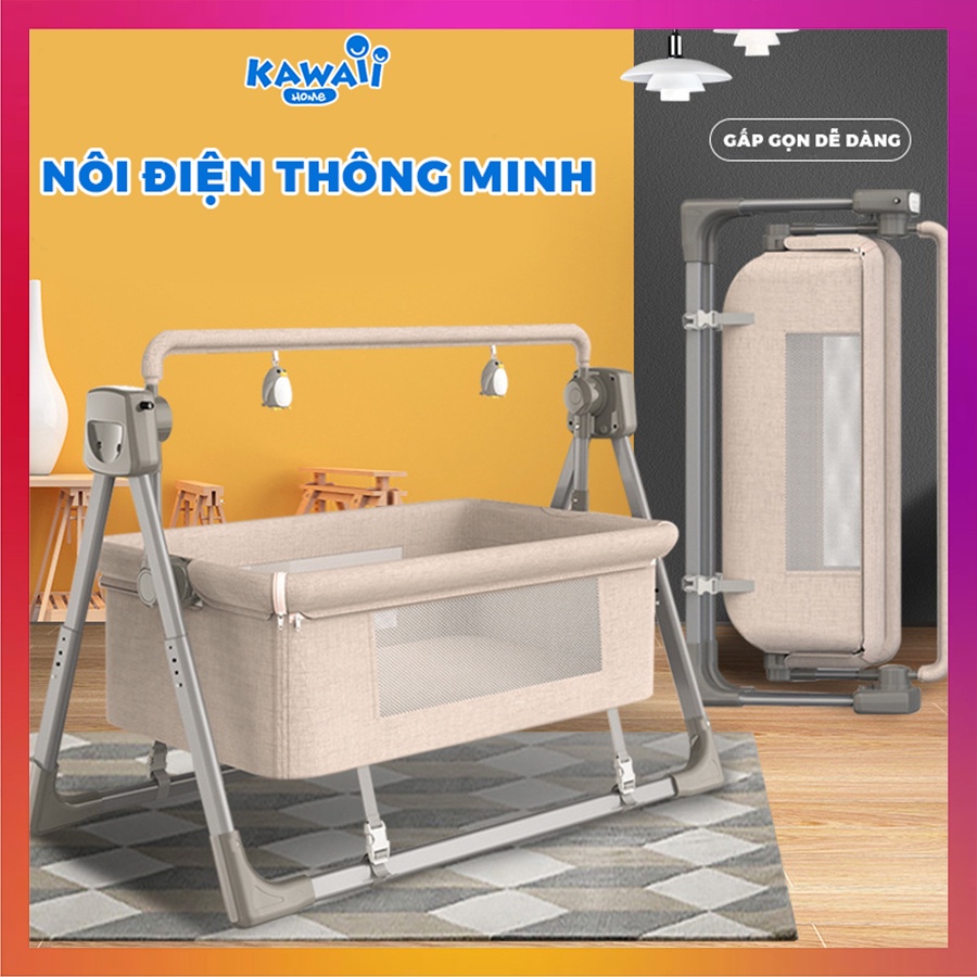 Nôi điện cho bé đu đưa tự động (Tặng màn), Nôi điện em bé có kết nối Bluetooth điều khiển từ xa, có phát nhạc