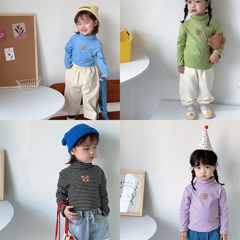 Áo Thun Tay Dài Cổ Lọ Vải Lông Thêu Hình Gấu Hoạt Hình Phong Cách Hàn Quốc Dành Cho Bé Gái