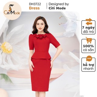 Đầm công sở CITI MODE FASHION thiết kế dáng ôm peplum màu đỏ cổ đính hoa DH3722