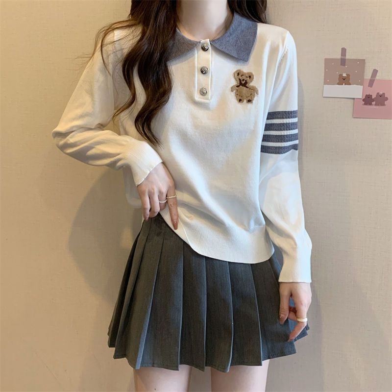Áo Sweater Tay Dài Cổ Polo Thêu Hình Gấu Dễ Thương Thời Trang Mùa Thu Cho Nữ