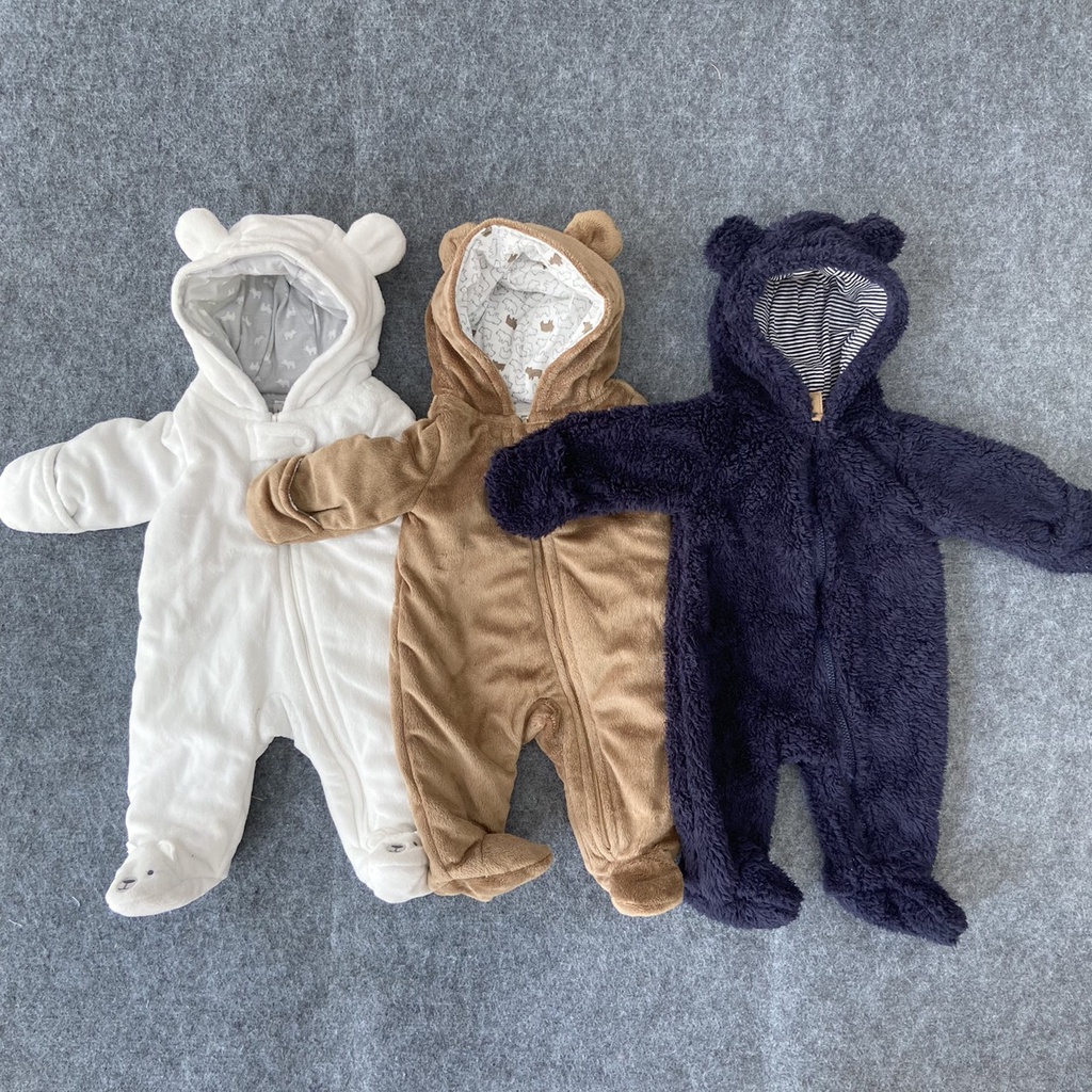Body nỉ bông cho bé sơ sinh đến 9 tháng hàng xuất dư Carters chất lông mịn khóa kéo nón gấu - SLTE