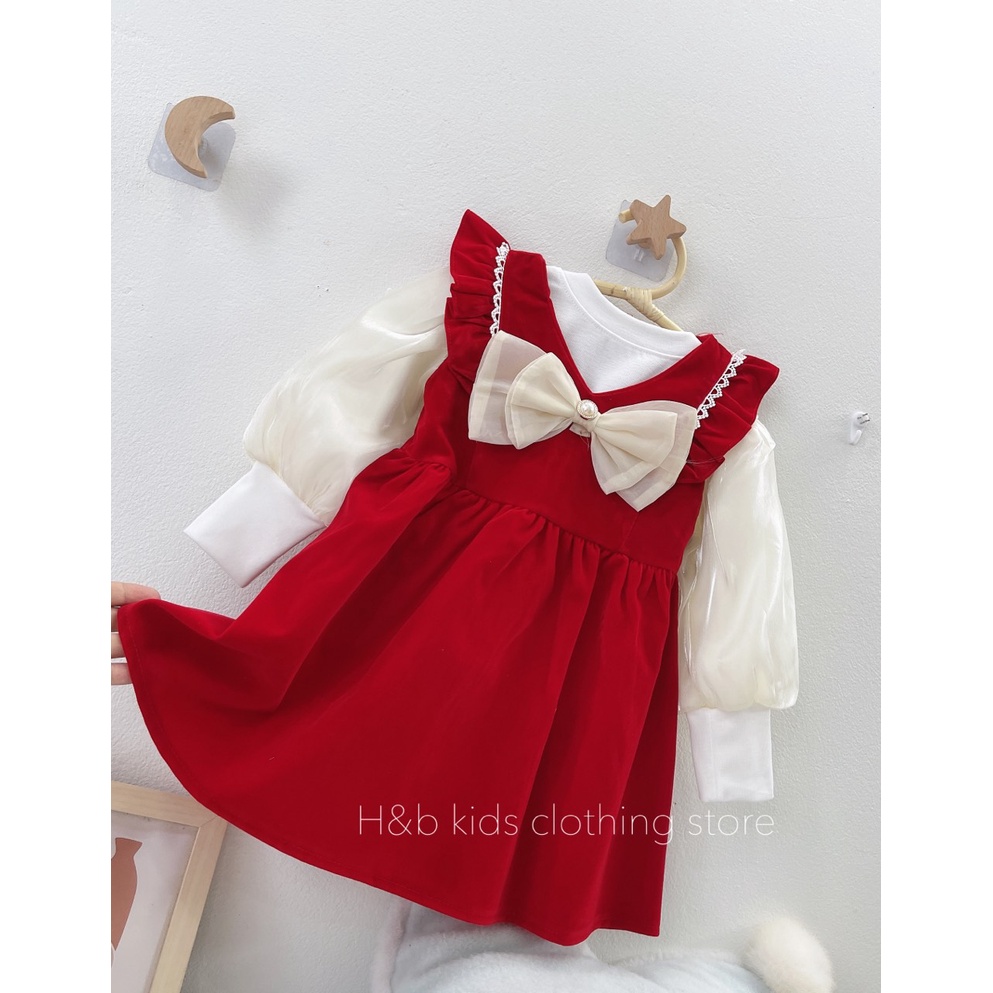 Váy Nhung đỏ cho bé gái, Set váy thu đông cho bé gái diện tết diện noel siêu dễ thương từ 7 - 20kg