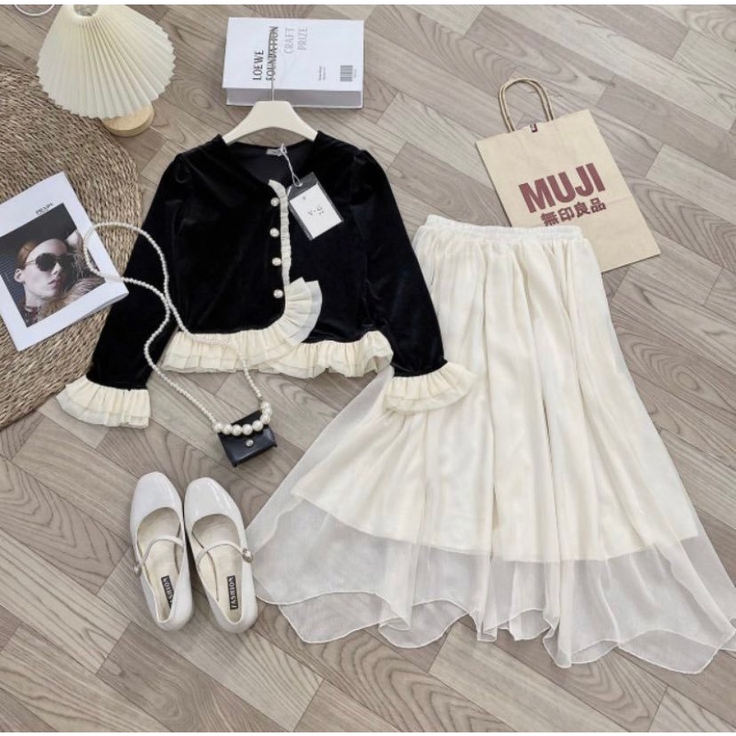 Set đầm thu đông 2023 áo tay dài bèo mix chân váy voan tơ có lót dày dặn - Set tiểu thư thu đông mới nhất