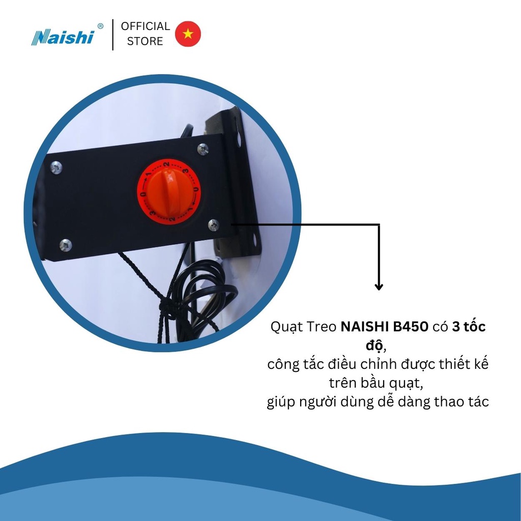 Quạt Treo Tường NAISHI B450 Túp Năng Chuyển Hướng Điện 2 Dây Rút - Công Suất 65W