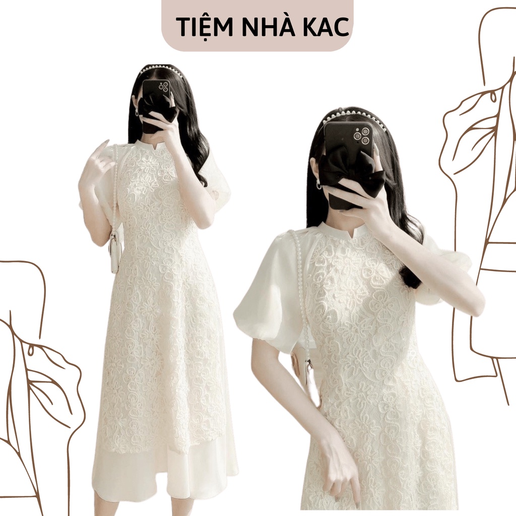 Set Áo Dài Tay Phồng Họa Tiết Ren 3D Phối Quần Xòe Lửng Kiểu Váy Cao Cấp TIỆM NHÀ KAC