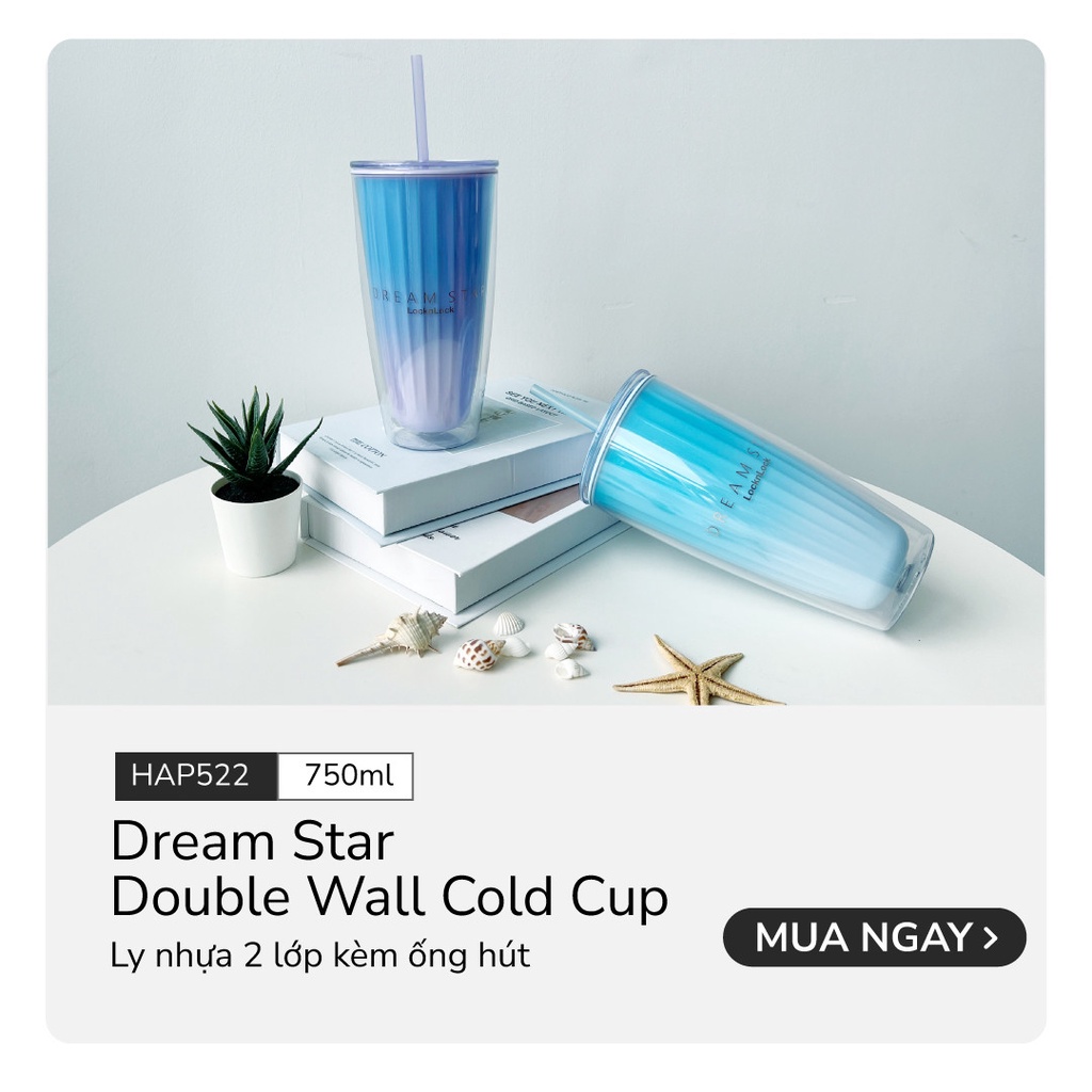 Ly nhựa 2 lớp Lock&Lock kèm ống hút Dream Star Double Wall Cold Cup 750ml HAP522 - màu xanh - K-MALL