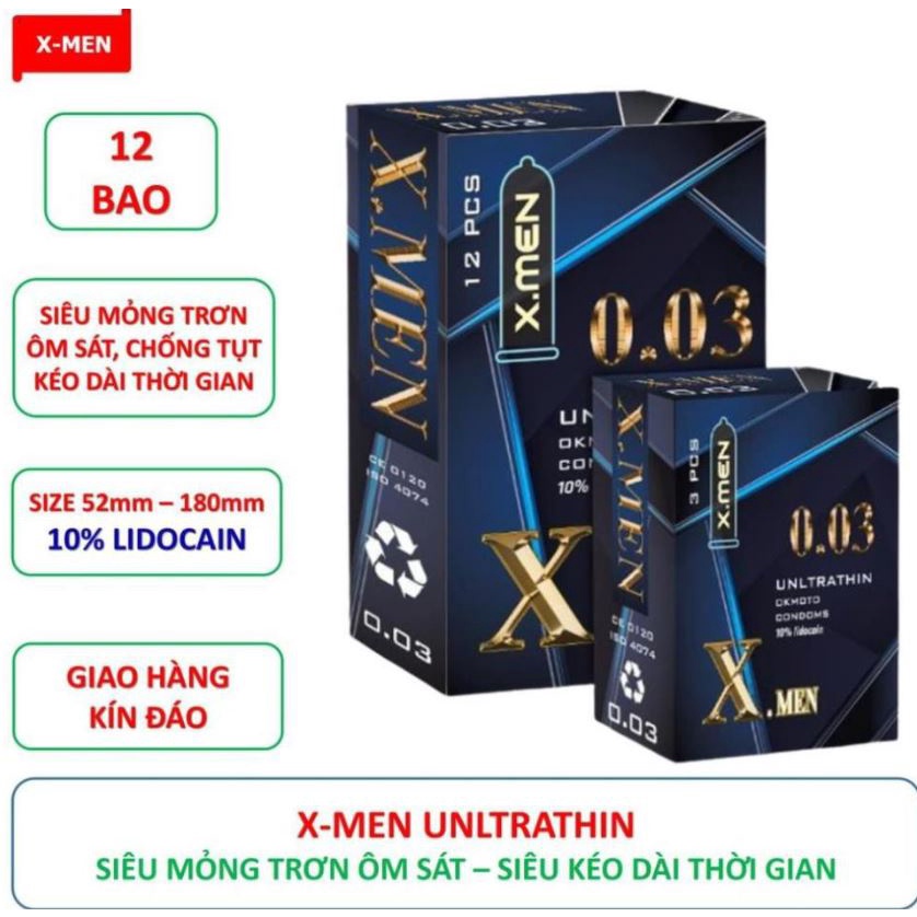 Bao Cao Su Gai Kéo Dài Thời Gian XMEN Siêu Mỏng 003 hộp 12c, Bcs X MEN Nhật Bản - Habiphar