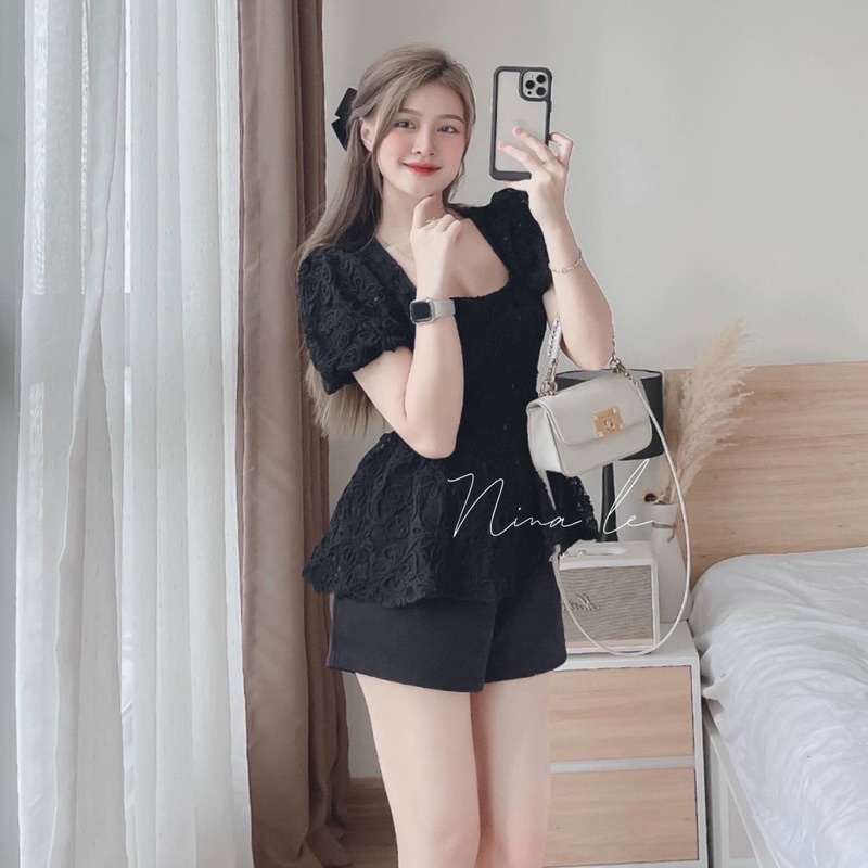 Sét bộ thời trang nữ mặc đi chơi áo chất ren cổ vuông tay búp có mút mix quần đùi tapta