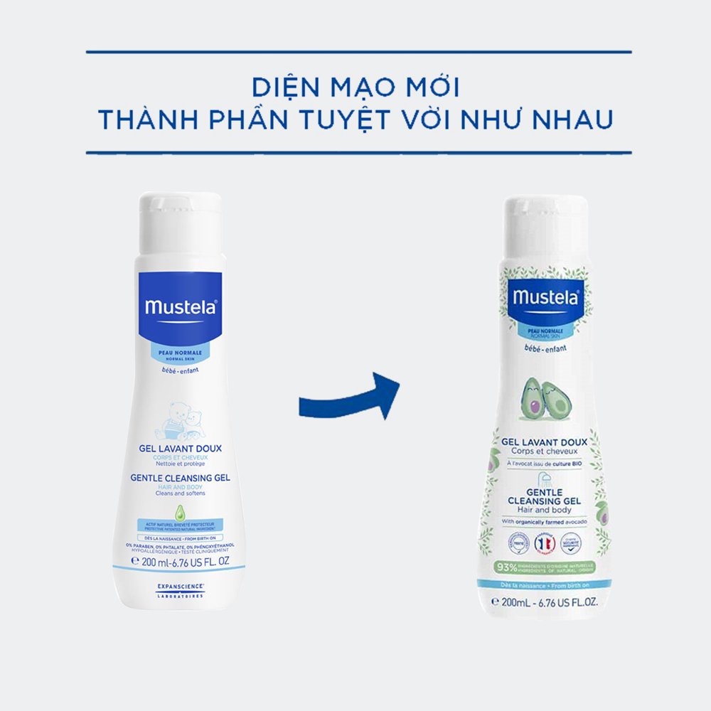 Combo 2 Sữa Tắm Gội Cho Trẻ Sơ Sinh &amp; Em Bé Da Thường Mustela 200ml (tặng bộ kem dưỡng thể 50ml và gel tắm 5ml)