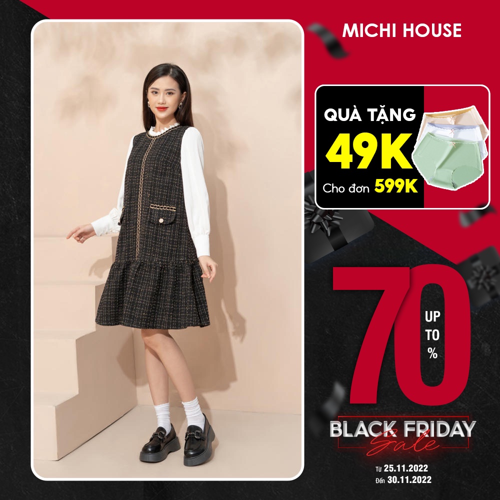 Váy Dạ Tweed Dáng Xuông Phối Tay Vải Lụa Trắng MICHI House Đầm Suông Thu Đông Phom Rộng Freesize Bầu Mặc Cũng Xinh V329
